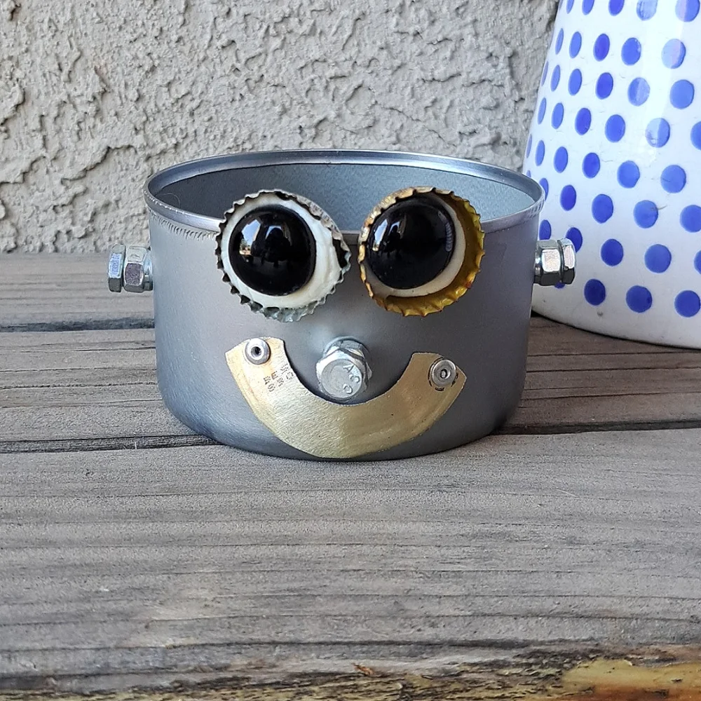 Happy Retro Robot Scrap Metal Art Handmade Handcrafted Small Container